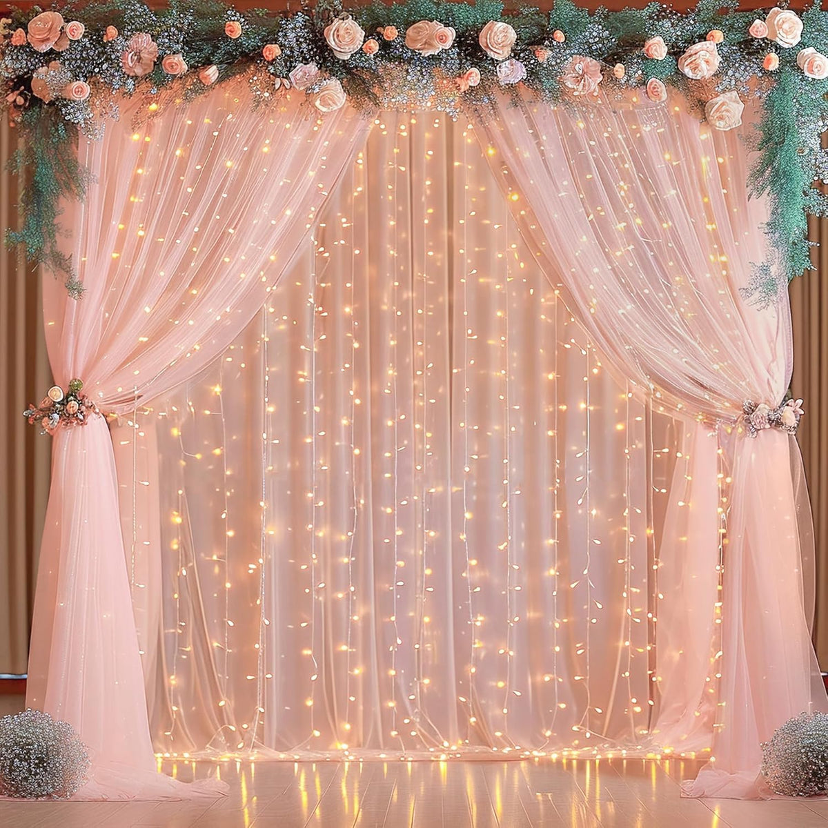 10×10ft Peach Tulle Backdrop Curtain with Lights String for Parties, Sheer Photo Curtain Backdrop Drapes for Wedding Party Photography Backgrounds