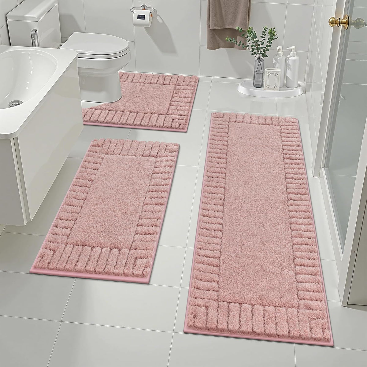 Bathroom Rugs Sets 3 Piece, Microfiber Bath Mat Set, Dusty Pink