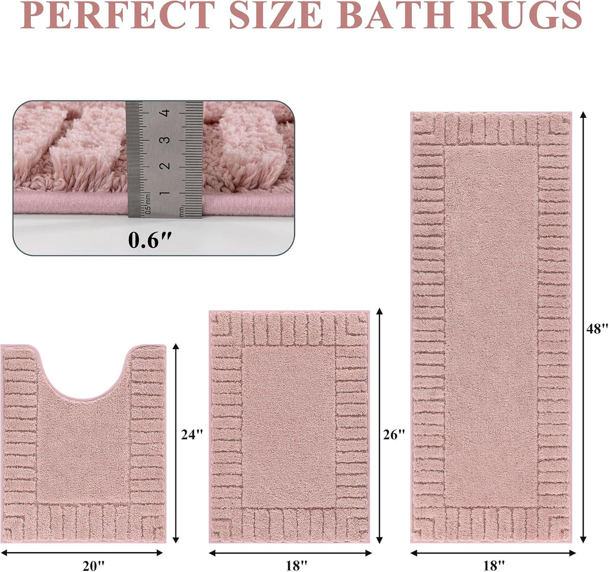 Bathroom Rugs Sets 3 Piece, Microfiber Bath Mat Set, Dusty Pink