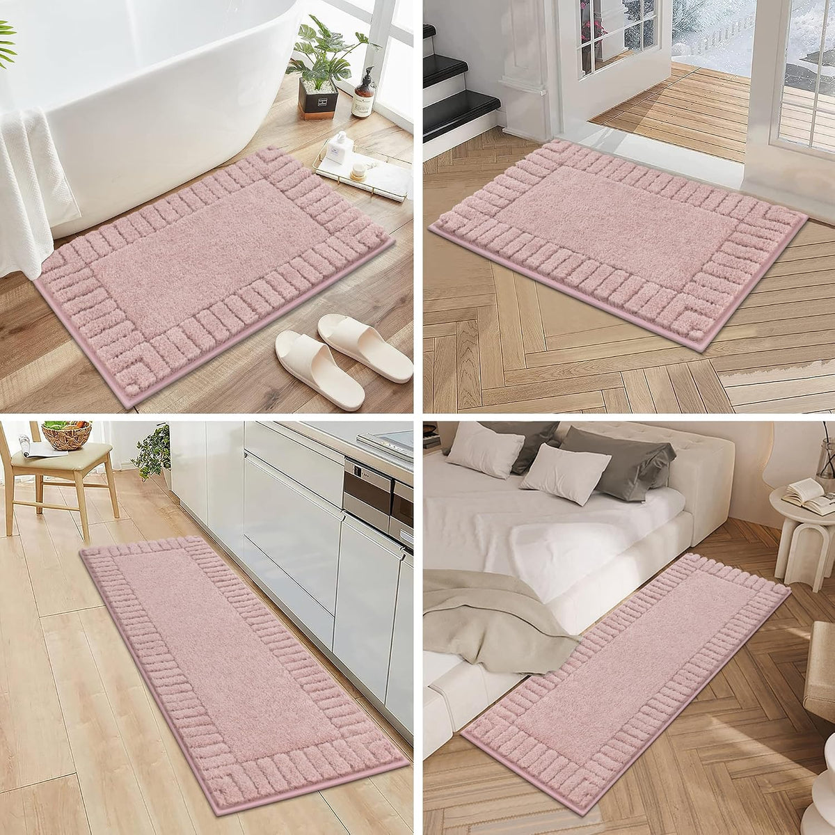 Bathroom Rugs Sets 3 Piece, Microfiber Bath Mat Set, Dusty Pink