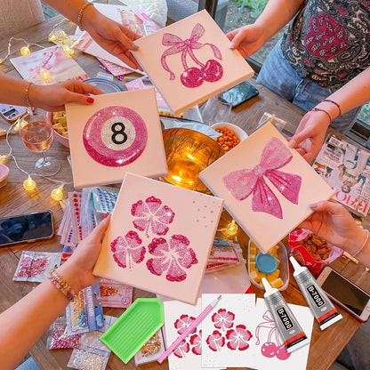 4 Sets Preppy Diamond Art Kits, Girls Night Game, Lucky Cherry Canvas Diamond Art Kit Coquette Preppy Wall Decor Trendy Coquette Pink Bow DIY Gem Painting Bachelorette Party Games