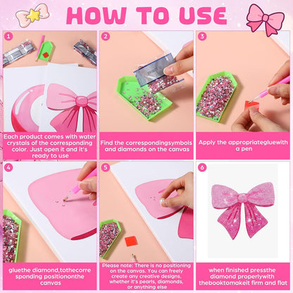 4 Sets Preppy Diamond Art Kits, Girls Night Game, Lucky Cherry Canvas Diamond Art Kit Coquette Preppy Wall Decor Trendy Coquette Pink Bow DIY Gem Painting Bachelorette Party Games