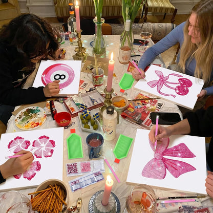 4 Sets Preppy Diamond Art Kits, Girls Night Game, Lucky Cherry Canvas Diamond Art Kit Coquette Preppy Wall Decor Trendy Coquette Pink Bow DIY Gem Painting Bachelorette Party Games