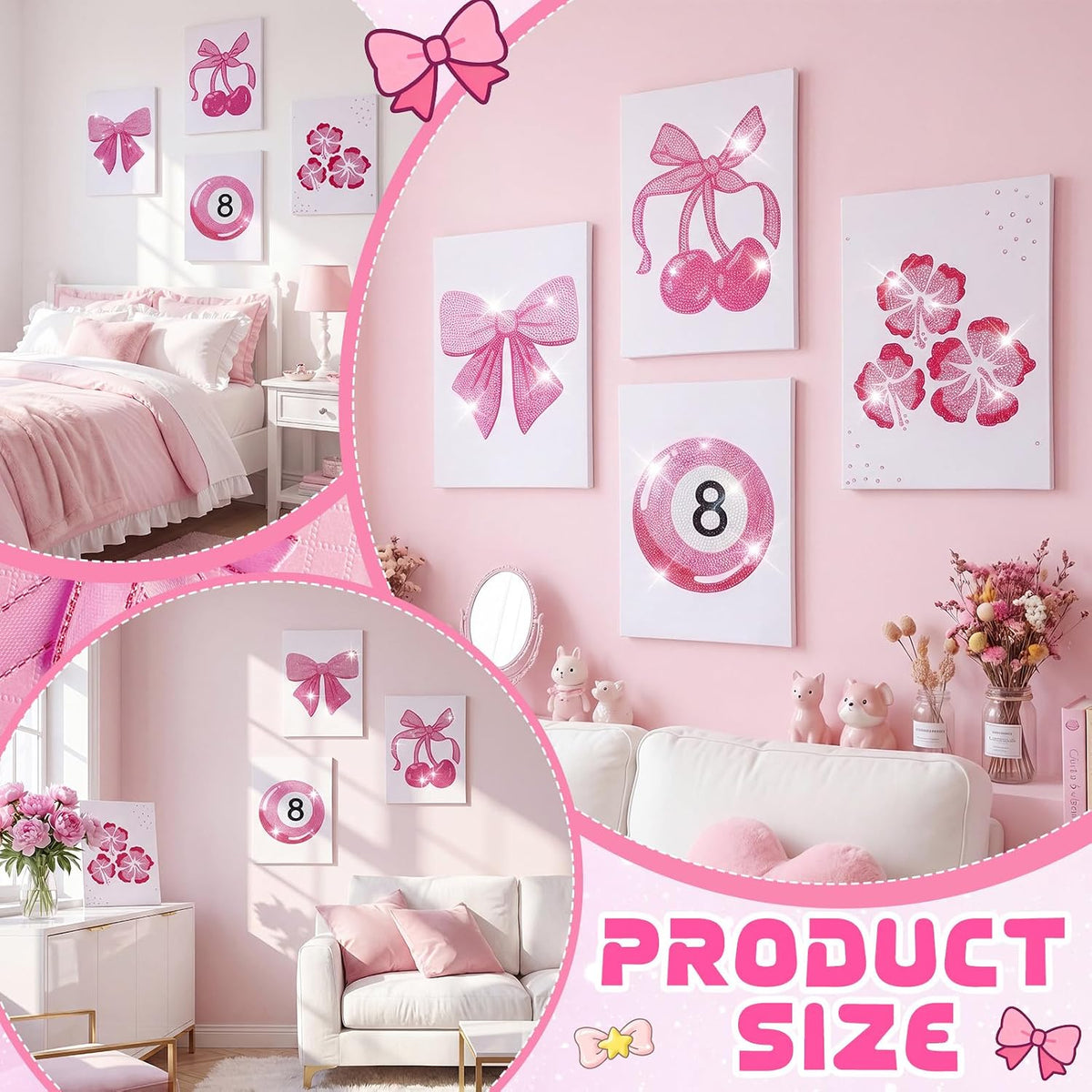 4 Sets Preppy Diamond Art Kits, Girls Night Game, Lucky Cherry Canvas Diamond Art Kit Coquette Preppy Wall Decor Trendy Coquette Pink Bow DIY Gem Painting Bachelorette Party Games