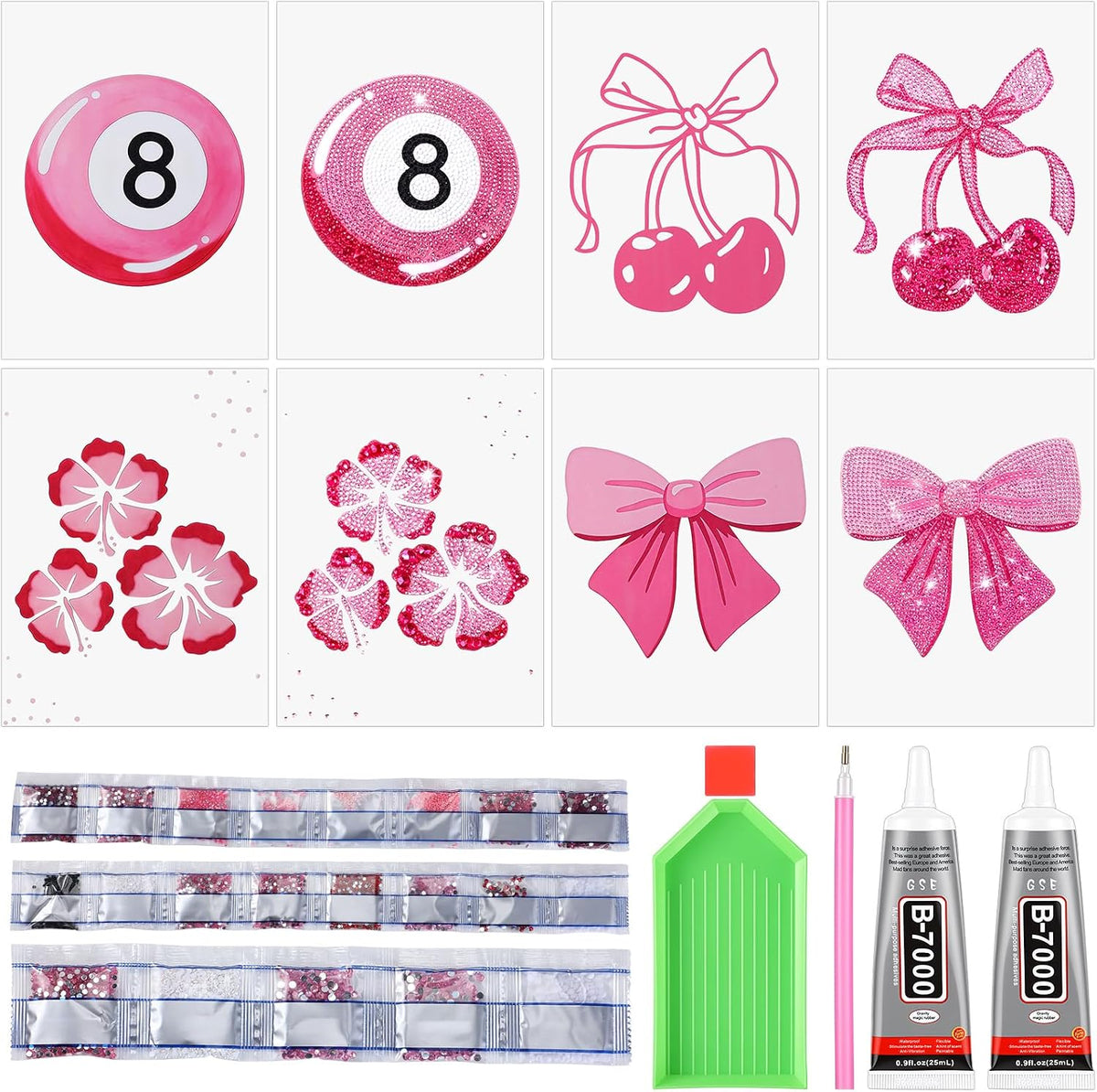 4 Sets Preppy Diamond Art Kits, Girls Night Game, Lucky Cherry Canvas Diamond Art Kit Coquette Preppy Wall Decor Trendy Coquette Pink Bow DIY Gem Painting Bachelorette Party Games