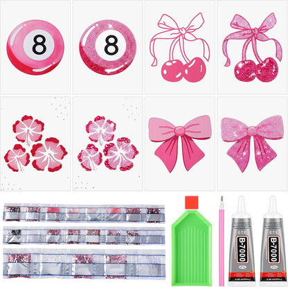 4 Sets Preppy Diamond Art Kits, Girls Night Game, Lucky Cherry Canvas Diamond Art Kit Coquette Preppy Wall Decor Trendy Coquette Pink Bow DIY Gem Painting Bachelorette Party Games