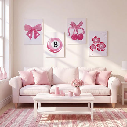 4 Sets Preppy Diamond Art Kits, Girls Night Game, Lucky Cherry Canvas Diamond Art Kit Coquette Preppy Wall Decor Trendy Coquette Pink Bow DIY Gem Painting Bachelorette Party Games