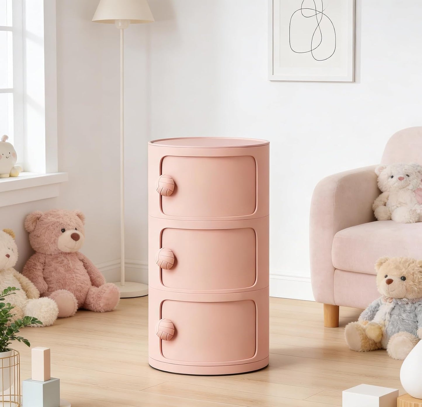 3 Tier Round Nightstand with Drawers, Plastic Pink Nightstand Modern Round Bedside Table with Handles and Sliding Door for Bedroom, Living Room