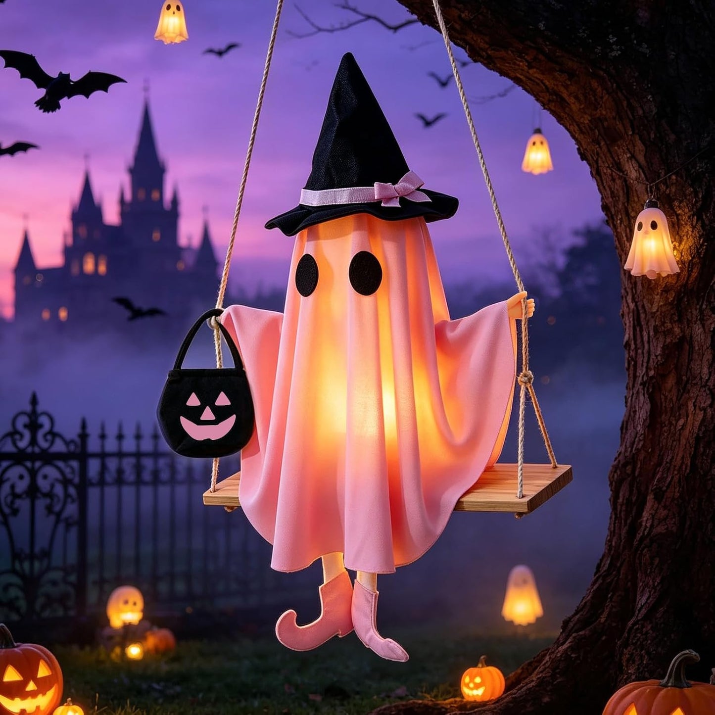 Pink Ghost Halloween Decorations, Swinging Ghost Outdoor Decor with LED