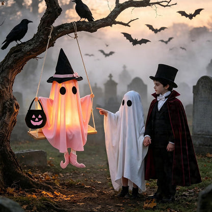 Pink Ghost Halloween Decorations, Swinging Ghost Outdoor Decor with LED