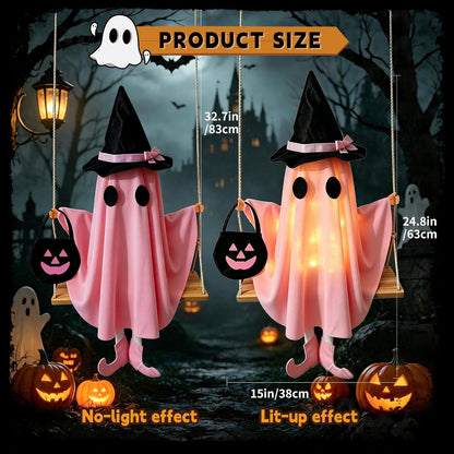 Pink Ghost Halloween Decorations, Swinging Ghost Outdoor Decor with LED