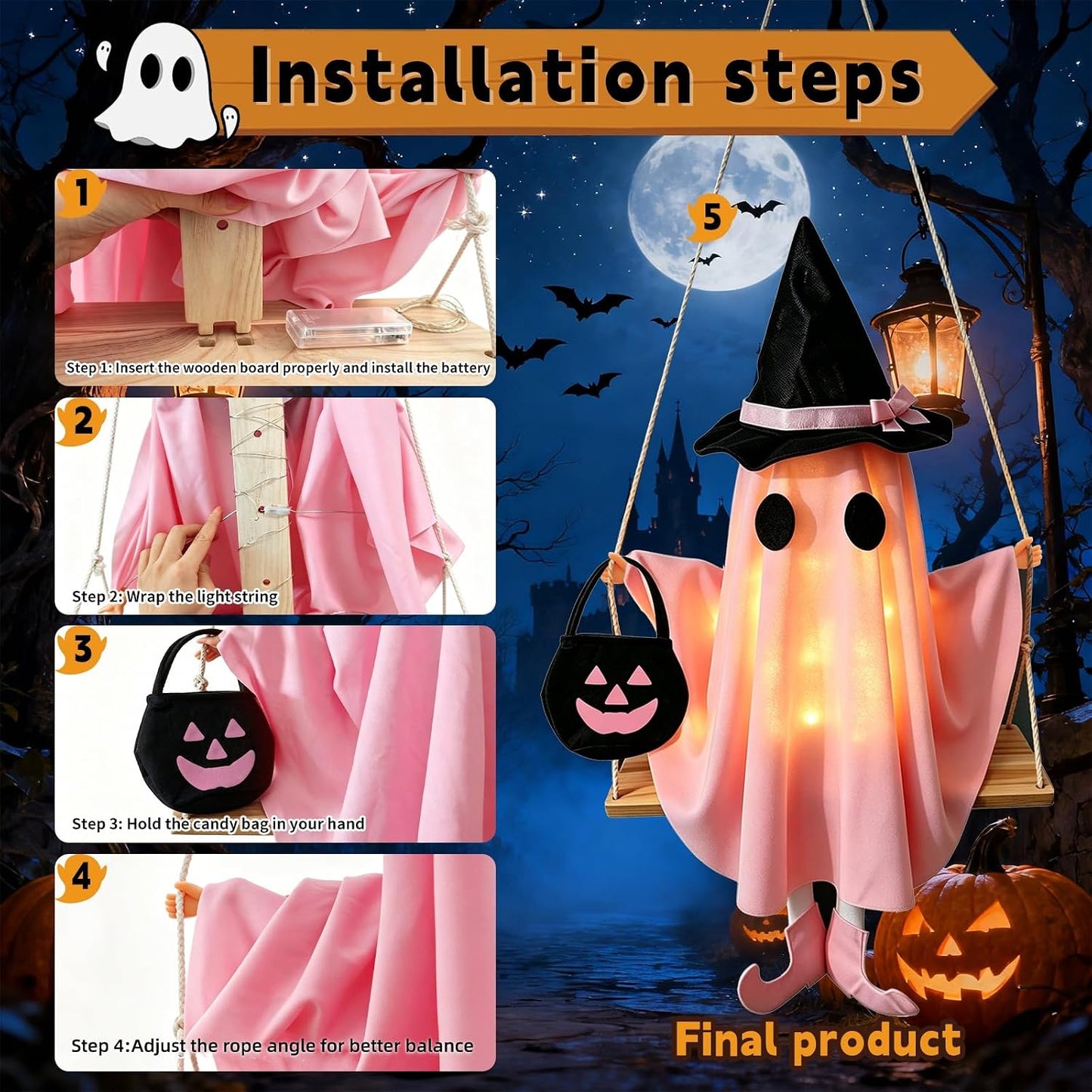 Pink Ghost Halloween Decorations, Swinging Ghost Outdoor Decor with LED