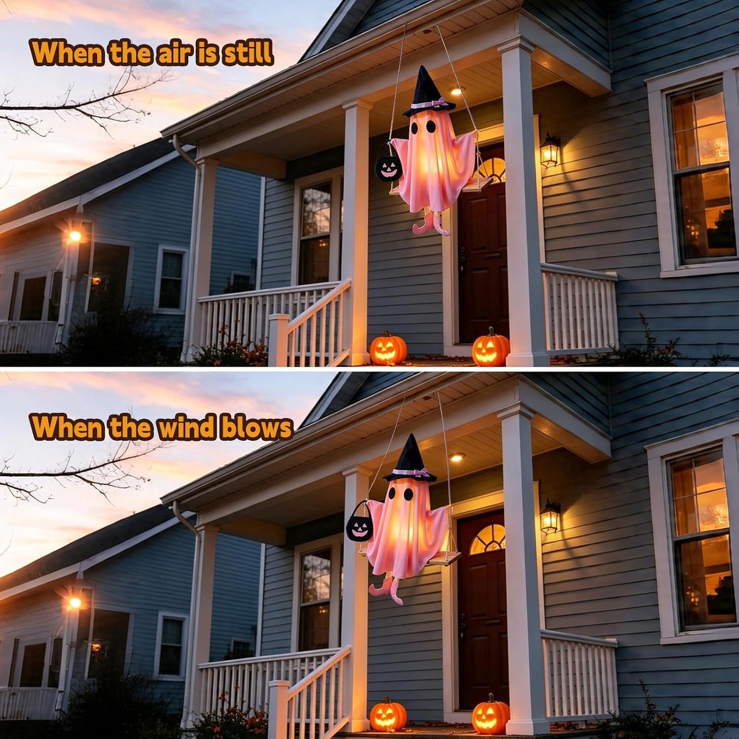 Pink Ghost Halloween Decorations, Swinging Ghost Outdoor Decor with LED