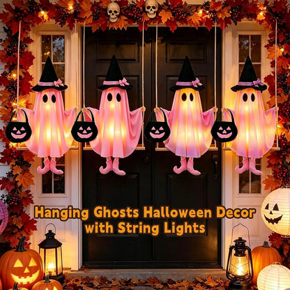 Pink Ghost Halloween Decorations, Swinging Ghost Outdoor Decor with LED