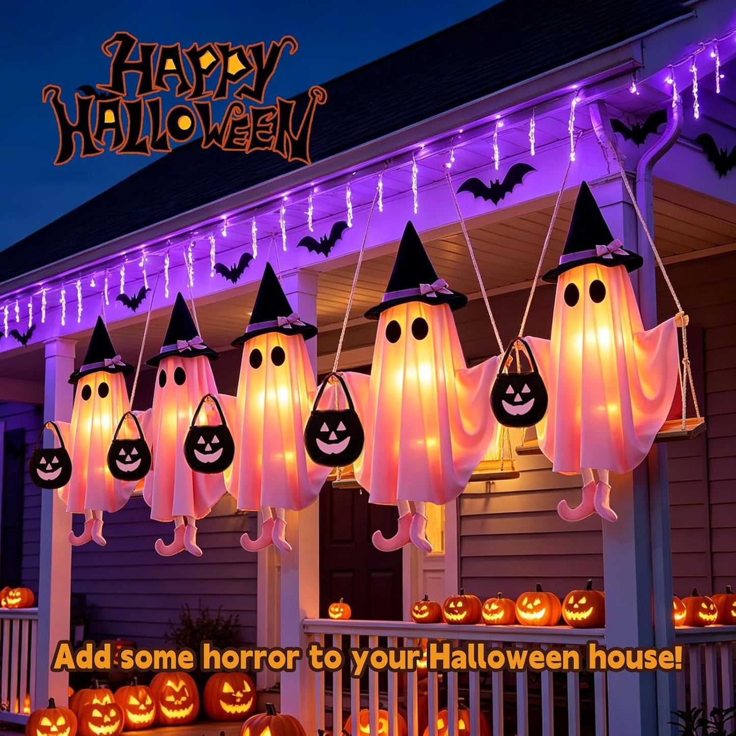 Pink Ghost Halloween Decorations, Swinging Ghost Outdoor Decor with LED