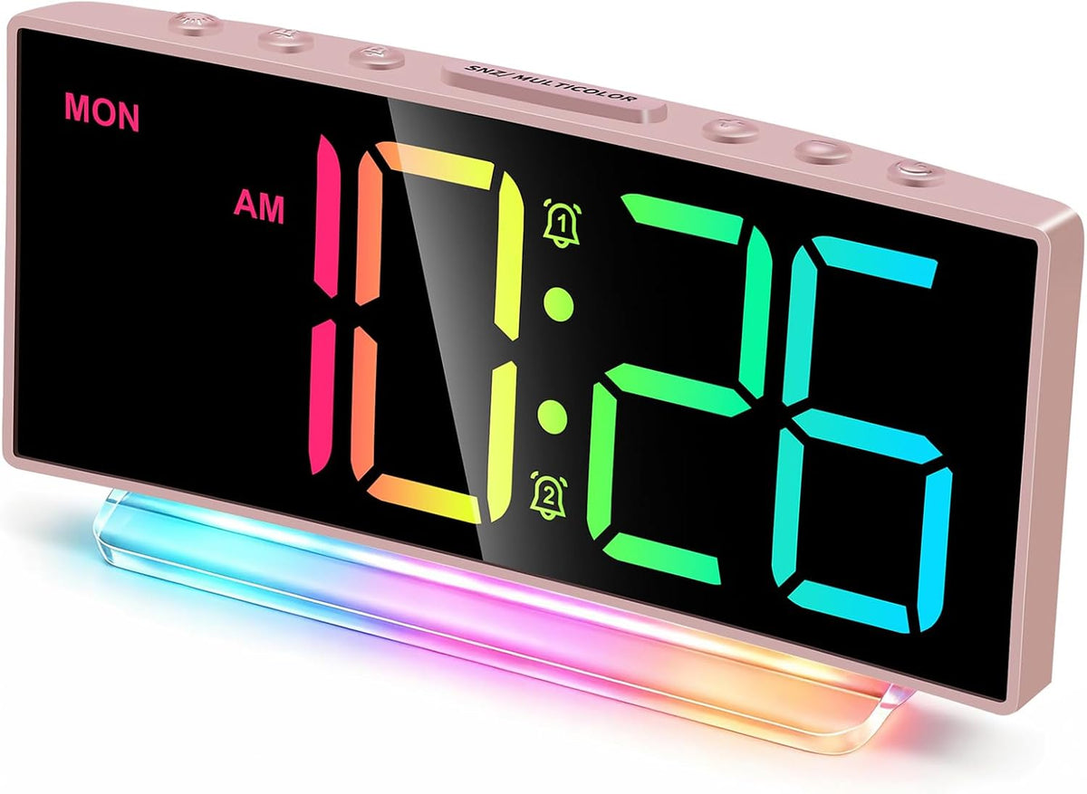 Modern Curved Cute Digital Alarm Clock,Colorful Led Display,Adjustable Volume,Weekday/Weekend Mode,Simple Clock for Bedrooms Bedside,Ok to Wake Up for Girls,Kids,Teens (Pink+Dynamic)