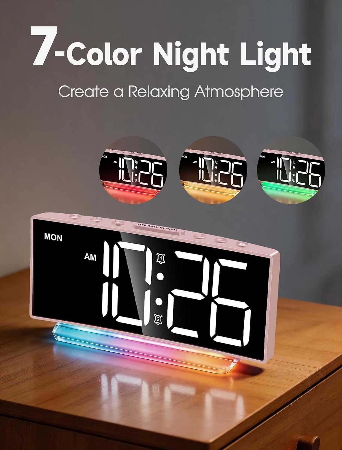 Modern Curved Cute Digital Alarm Clock,Colorful Led Display,Adjustable Volume,Weekday/Weekend Mode,Simple Clock for Bedrooms Bedside,Ok to Wake Up for Girls,Kids,Teens (Pink+Dynamic)
