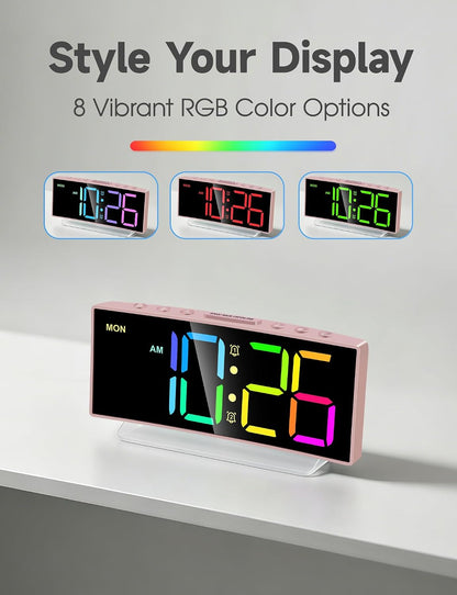 Modern Curved Cute Digital Alarm Clock,Colorful Led Display,Adjustable Volume,Weekday/Weekend Mode,Simple Clock for Bedrooms Bedside,Ok to Wake Up for Girls,Kids,Teens (Pink+Dynamic)