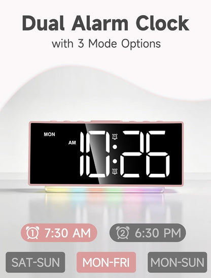 Modern Curved Cute Digital Alarm Clock,Colorful Led Display,Adjustable Volume,Weekday/Weekend Mode,Simple Clock for Bedrooms Bedside,Ok to Wake Up for Girls,Kids,Teens (Pink+Dynamic)