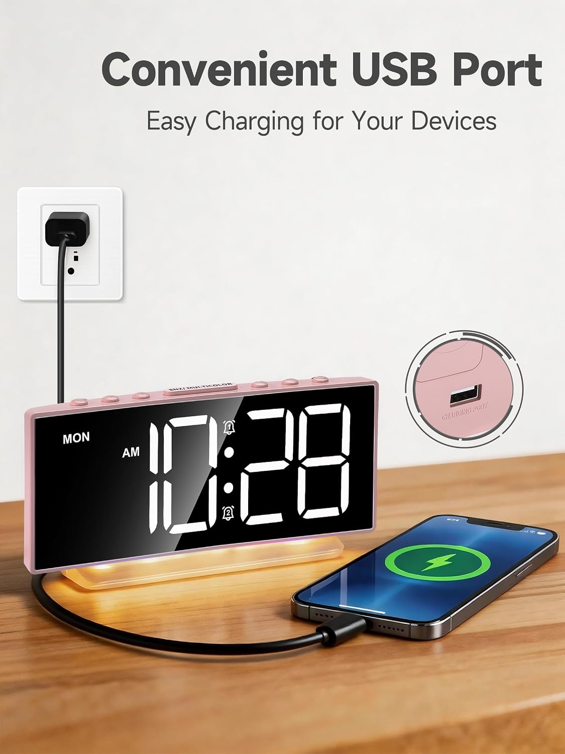 Modern Curved Cute Digital Alarm Clock,Colorful Led Display,Adjustable Volume,Weekday/Weekend Mode,Simple Clock for Bedrooms Bedside,Ok to Wake Up for Girls,Kids,Teens (Pink+Dynamic)