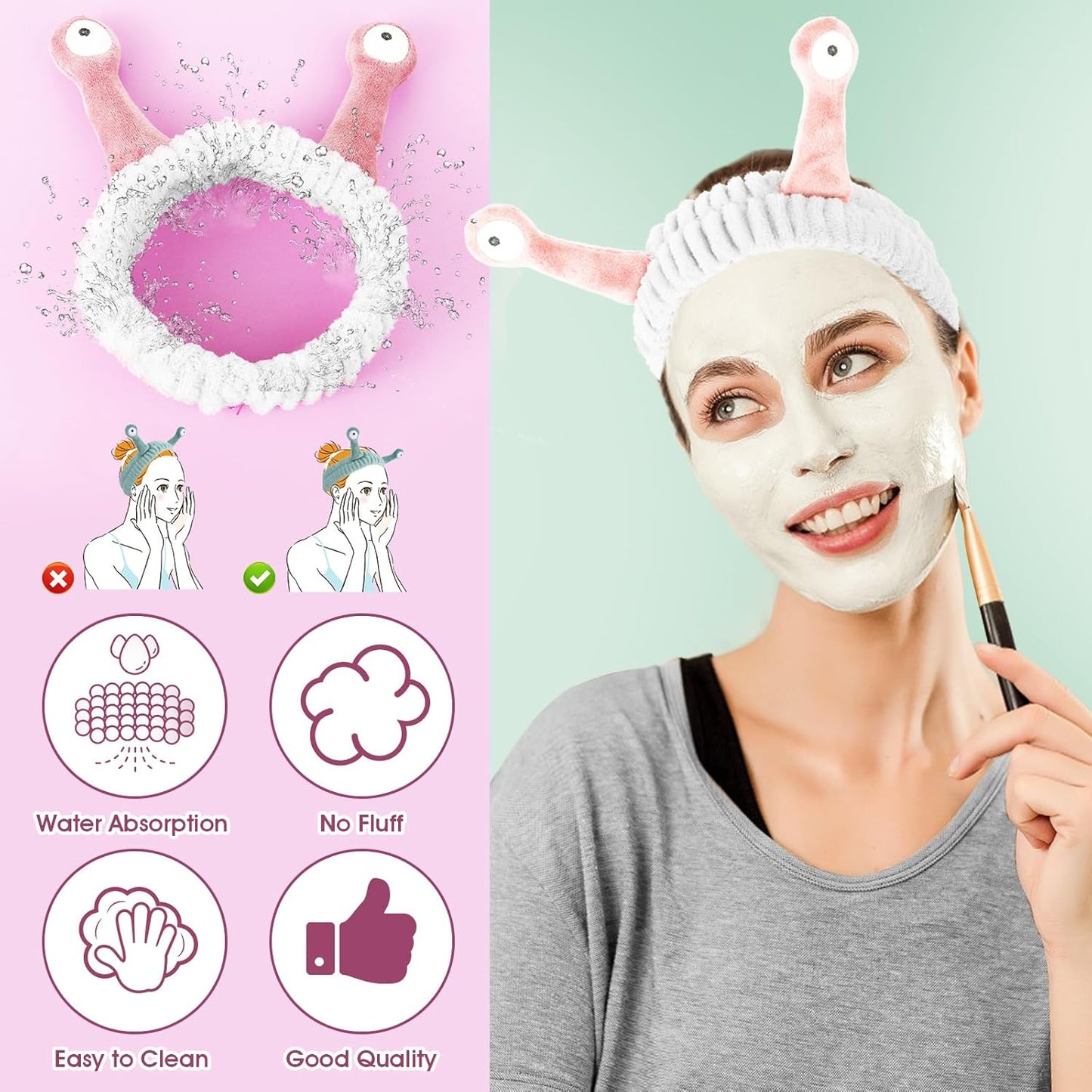 Face Wash Headband, Palm and Snail Spa Hair Bands Makeup Headbands Women Cartoon Cute Coral Fleece Elastic Headband Creative Hair Accessories for Washing Face Shower Sports (Pink&White)