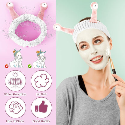 Face Wash Headband, Palm and Snail Spa Hair Bands Makeup Headbands Women Cartoon Cute Coral Fleece Elastic Headband Creative Hair Accessories for Washing Face Shower Sports (Pink&White)