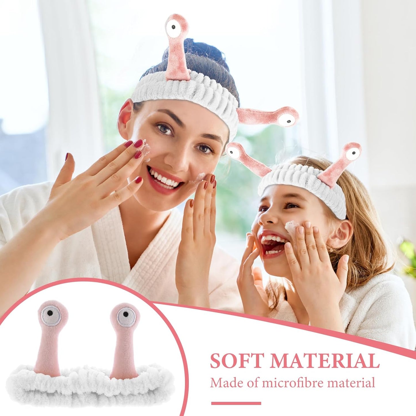 Face Wash Headband, Palm and Snail Spa Hair Bands Makeup Headbands Women Cartoon Cute Coral Fleece Elastic Headband Creative Hair Accessories for Washing Face Shower Sports (Pink&White)