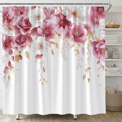 Pink and White Floral Shower Curtain Pink Flower Watercolor Plant Rose Eucalyptus Leaf Spring Summer Botanical Fabric Bathroom Curtain Set with Hooks