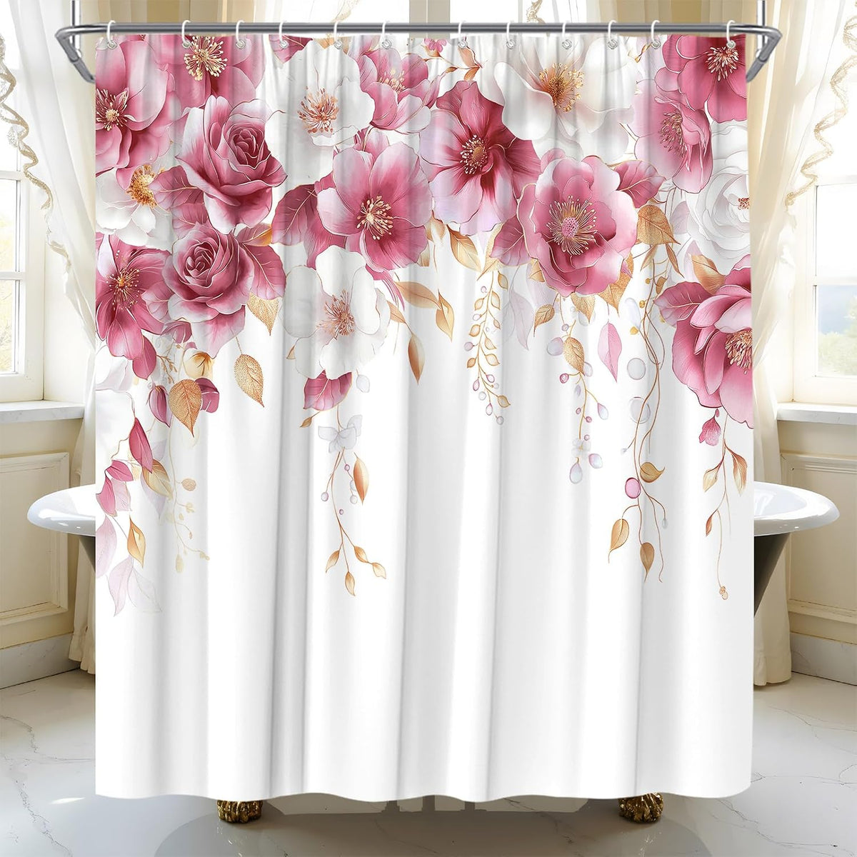 Pink and White Floral Shower Curtain Pink Flower Watercolor Plant Rose Eucalyptus Leaf Spring Summer Botanical Fabric Bathroom Curtain Set with Hooks