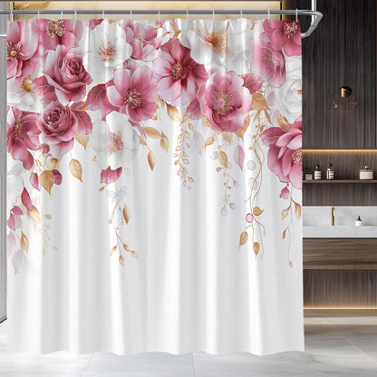 Pink and White Floral Shower Curtain Pink Flower Watercolor Plant Rose Eucalyptus Leaf Spring Summer Botanical Fabric Bathroom Curtain Set with Hooks