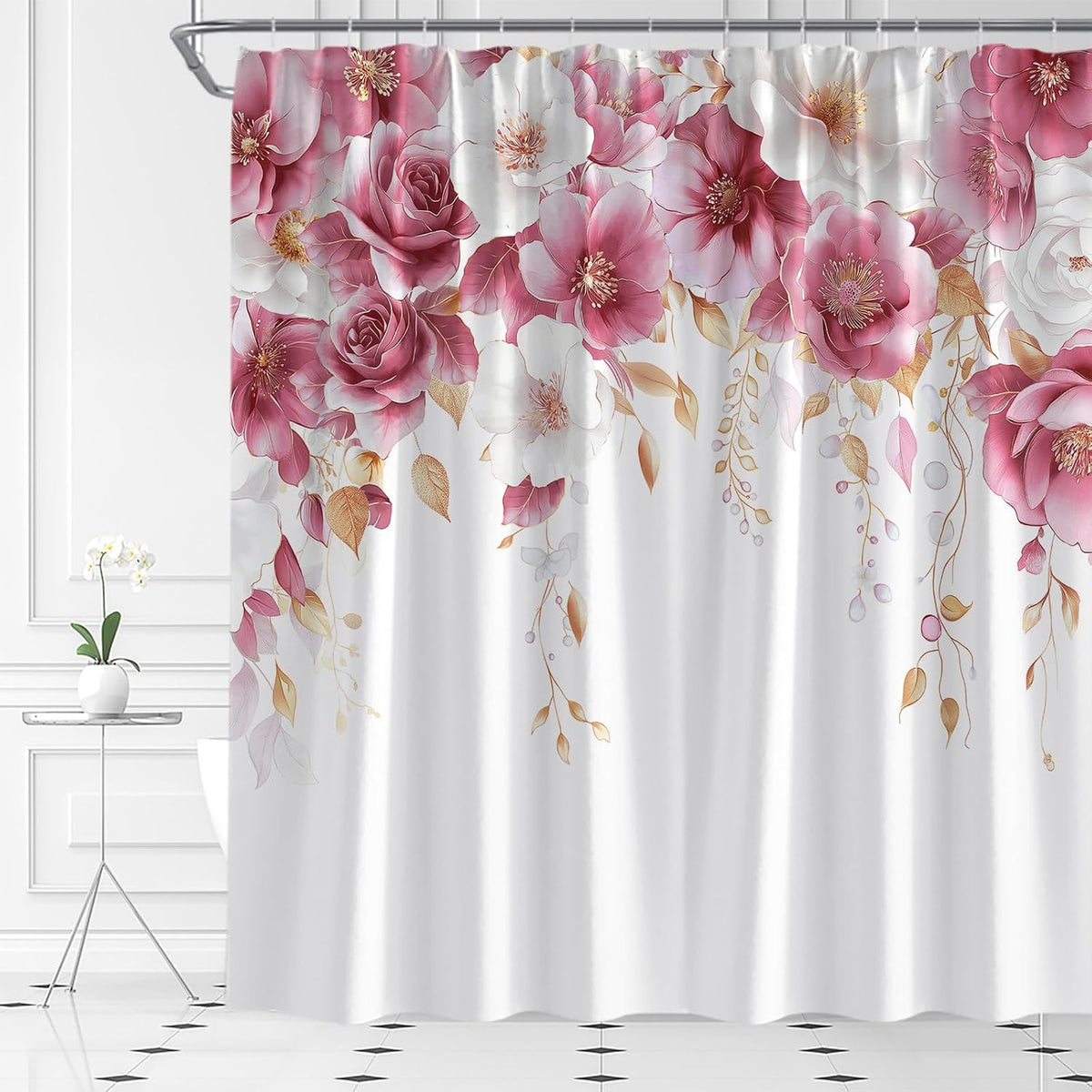 Pink and White Floral Shower Curtain Pink Flower Watercolor Plant Rose Eucalyptus Leaf Spring Summer Botanical Fabric Bathroom Curtain Set with Hooks