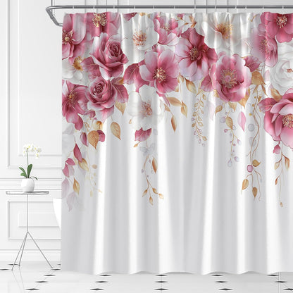 Pink and White Floral Shower Curtain Pink Flower Watercolor Plant Rose Eucalyptus Leaf Spring Summer Botanical Fabric Bathroom Curtain Set with Hooks