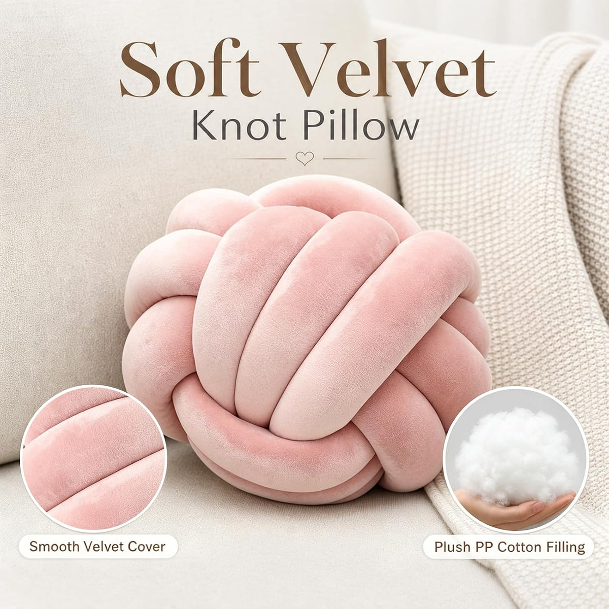 Petrella Pink Knot Pillow Ball, 8 Inch Decorative Pillow for Couch and Bed