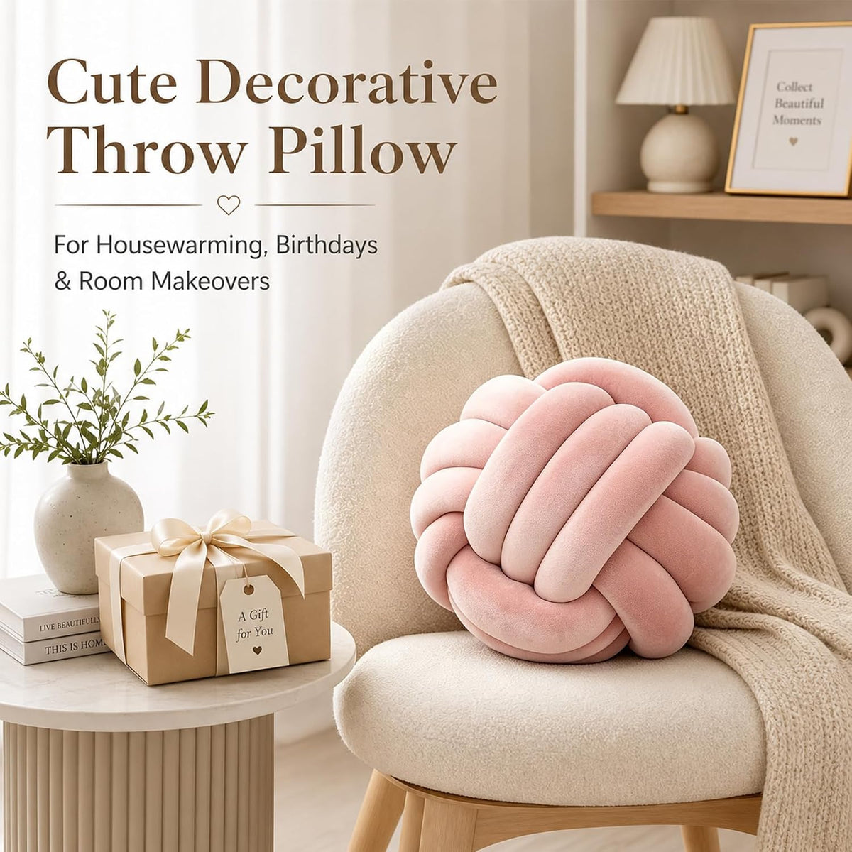 Petrella Pink Knot Pillow Ball, 8 Inch Decorative Pillow for Couch and Bed