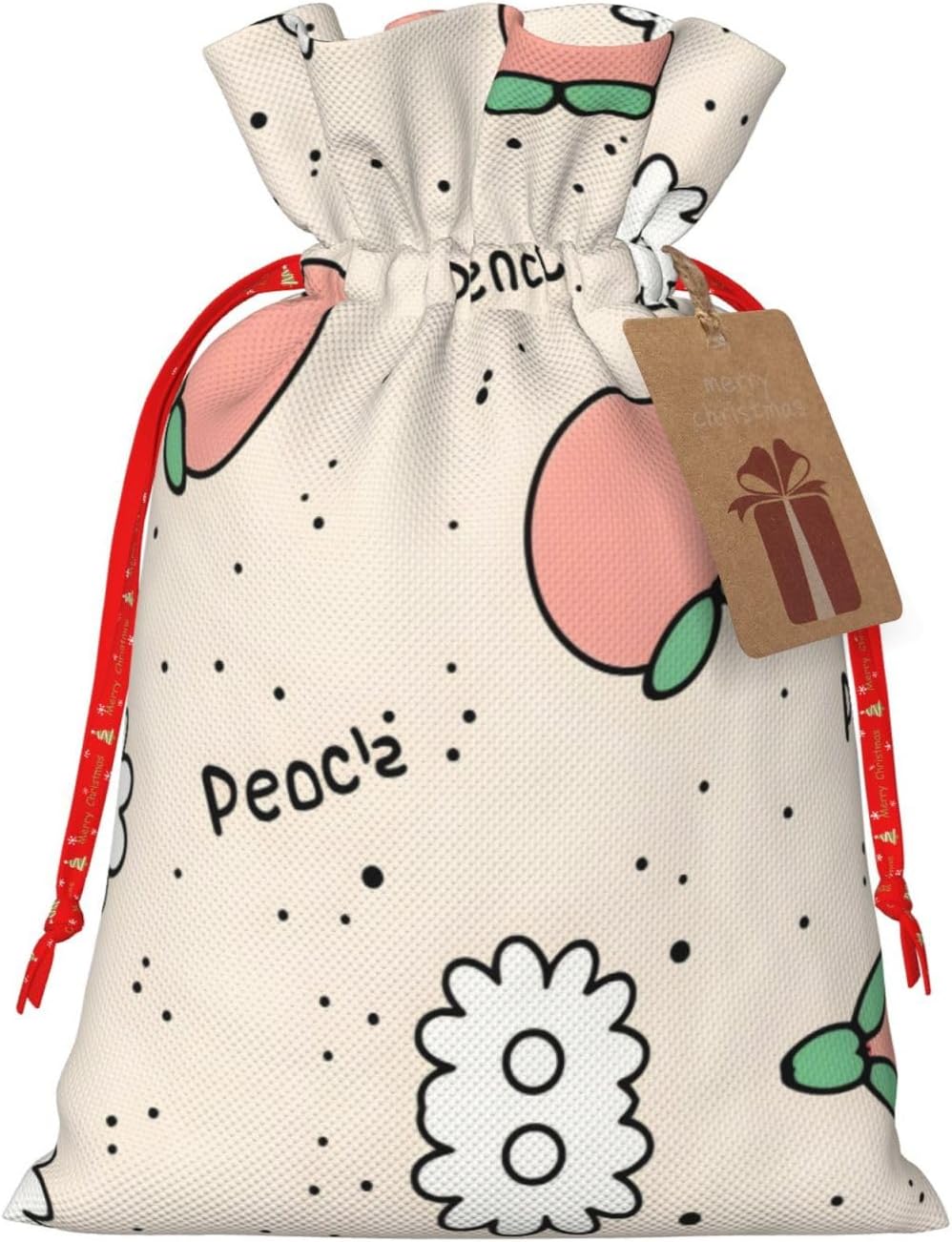 Christmas Gift Bag with Drawstring Closure - Lightweight, Cute Design - Perfect for Birthdays and Parties Peachy Cutie