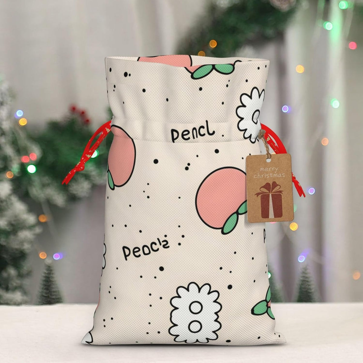 Christmas Gift Bag with Drawstring Closure - Lightweight, Cute Design - Perfect for Birthdays and Parties Peachy Cutie