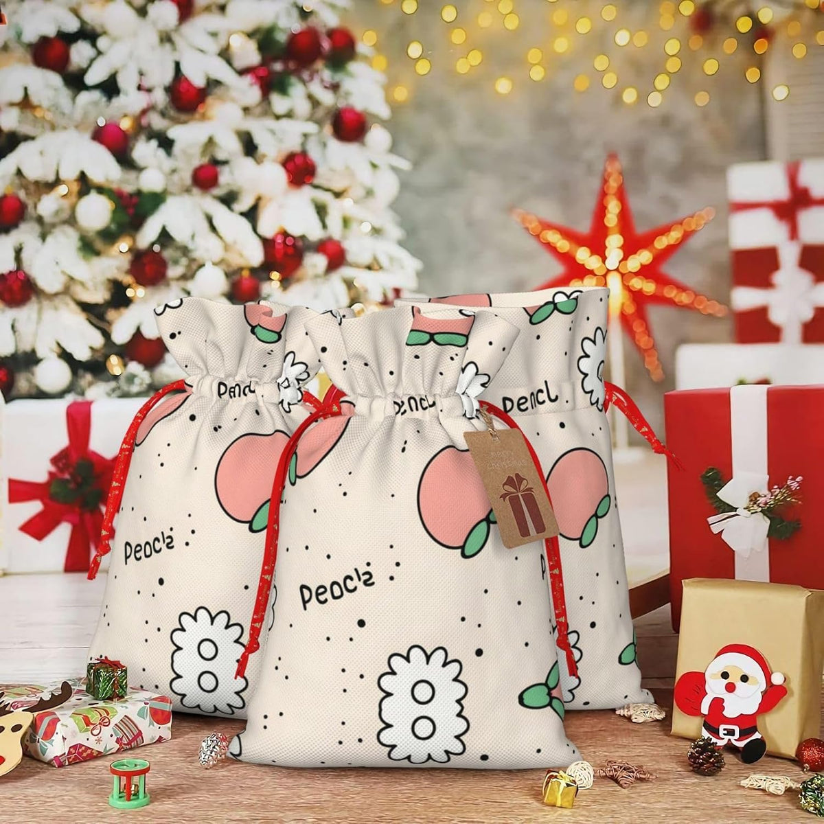 Christmas Gift Bag with Drawstring Closure - Lightweight, Cute Design - Perfect for Birthdays and Parties Peachy Cutie