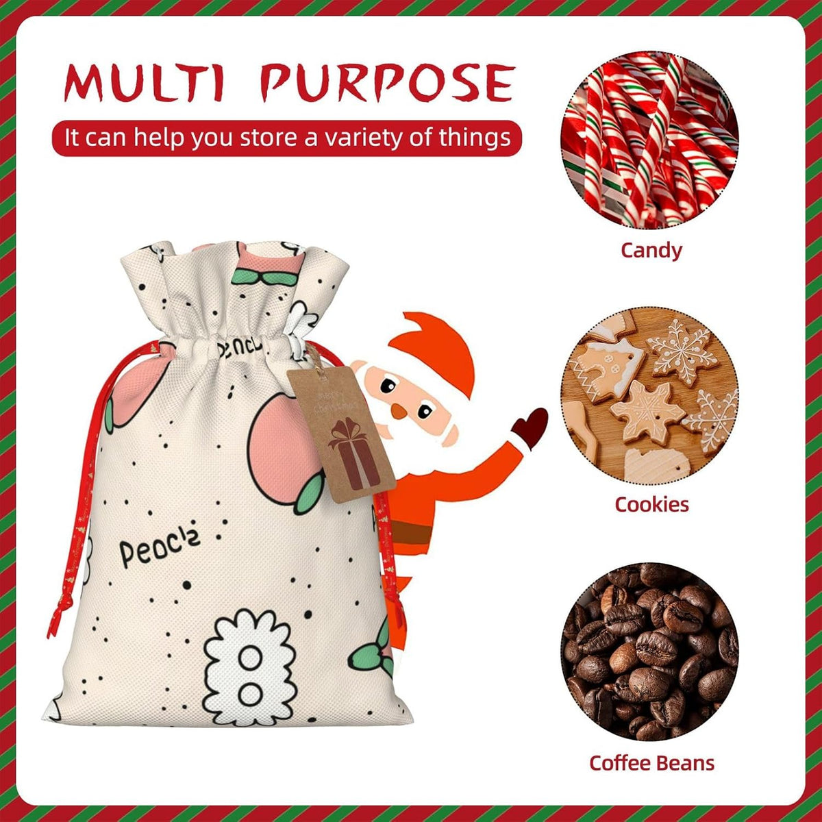 Christmas Gift Bag with Drawstring Closure - Lightweight, Cute Design - Perfect for Birthdays and Parties Peachy Cutie