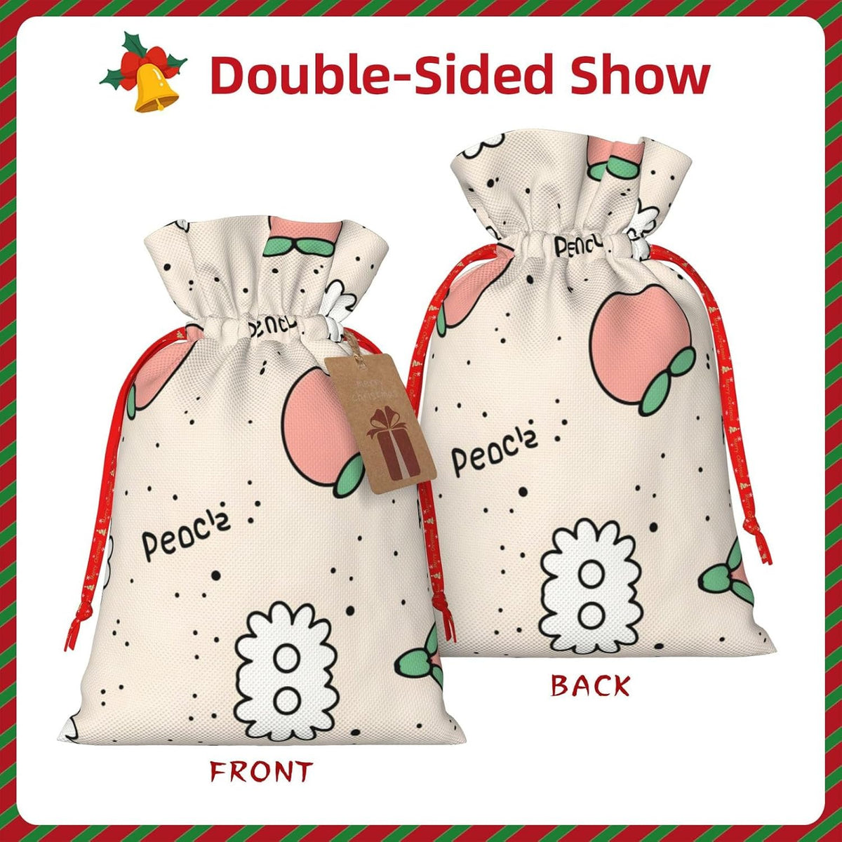 Christmas Gift Bag with Drawstring Closure - Lightweight, Cute Design - Perfect for Birthdays and Parties Peachy Cutie