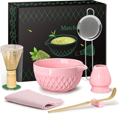 Matcha Whisk Set, 7 Pcs Ceramic Kit, Includes Matcha Bowl with Spout, Matcha Whisk and Holder, Bamboo Scoop, Scoop Rest, Sifter and Tea Towel (Cherry Blossom Pink)