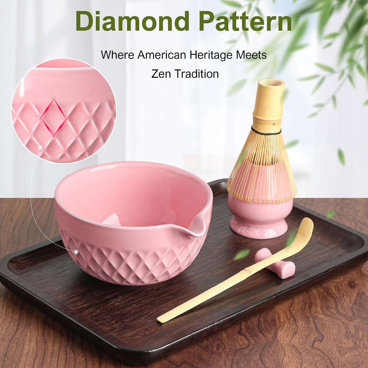 Matcha Whisk Set, 7 Pcs Ceramic Kit, Includes Matcha Bowl with Spout, Matcha Whisk and Holder, Bamboo Scoop, Scoop Rest, Sifter and Tea Towel (Cherry Blossom Pink)