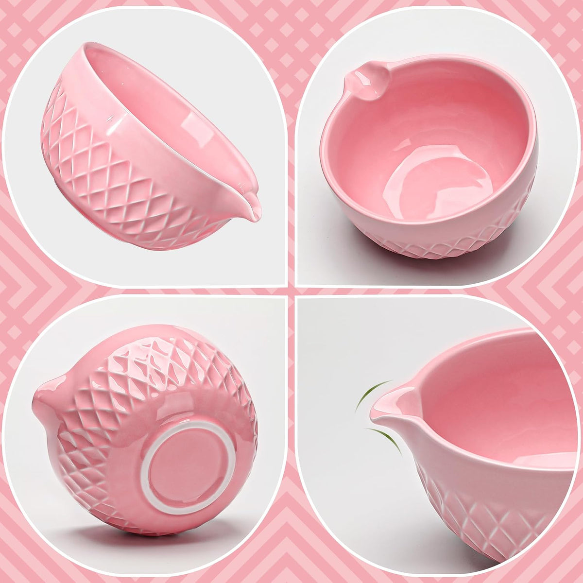 Matcha Whisk Set, 7 Pcs Ceramic Kit, Includes Matcha Bowl with Spout, Matcha Whisk and Holder, Bamboo Scoop, Scoop Rest, Sifter and Tea Towel (Cherry Blossom Pink)