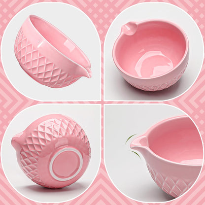 Matcha Whisk Set, 7 Pcs Ceramic Kit, Includes Matcha Bowl with Spout, Matcha Whisk and Holder, Bamboo Scoop, Scoop Rest, Sifter and Tea Towel (Cherry Blossom Pink)