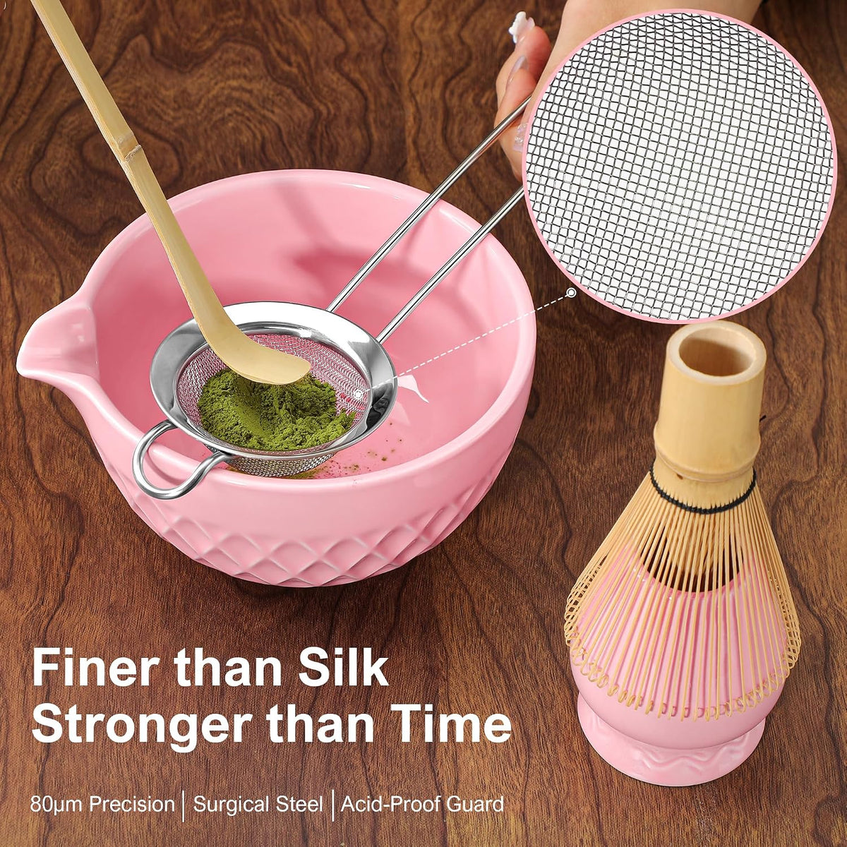 Matcha Whisk Set, 7 Pcs Ceramic Kit, Includes Matcha Bowl with Spout, Matcha Whisk and Holder, Bamboo Scoop, Scoop Rest, Sifter and Tea Towel (Cherry Blossom Pink)