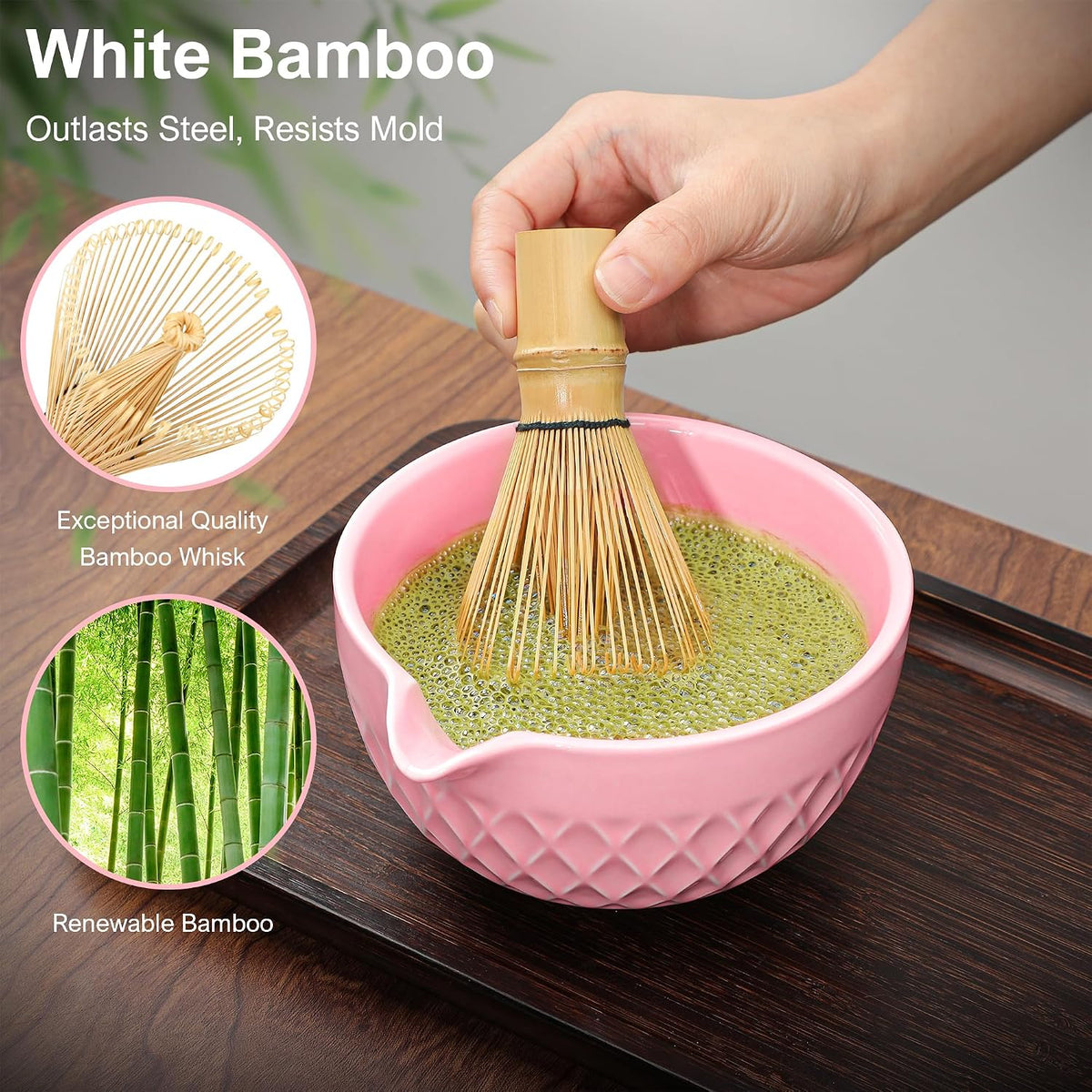 Matcha Whisk Set, 7 Pcs Ceramic Kit, Includes Matcha Bowl with Spout, Matcha Whisk and Holder, Bamboo Scoop, Scoop Rest, Sifter and Tea Towel (Cherry Blossom Pink)