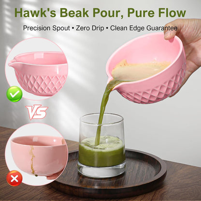 Matcha Whisk Set, 7 Pcs Ceramic Kit, Includes Matcha Bowl with Spout, Matcha Whisk and Holder, Bamboo Scoop, Scoop Rest, Sifter and Tea Towel (Cherry Blossom Pink)