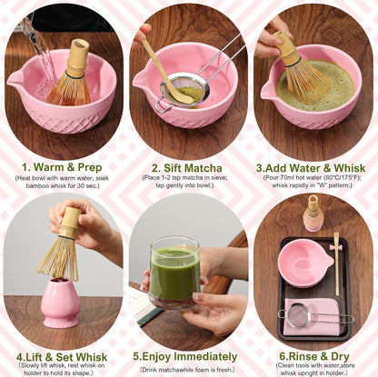 Matcha Whisk Set, 7 Pcs Ceramic Kit, Includes Matcha Bowl with Spout, Matcha Whisk and Holder, Bamboo Scoop, Scoop Rest, Sifter and Tea Towel (Cherry Blossom Pink)