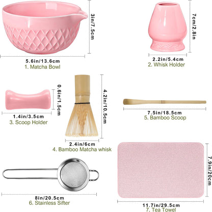 Matcha Whisk Set, 7 Pcs Ceramic Kit, Includes Matcha Bowl with Spout, Matcha Whisk and Holder, Bamboo Scoop, Scoop Rest, Sifter and Tea Towel (Cherry Blossom Pink)