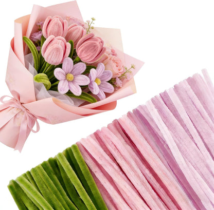Pipe Cleaners Craft 300 PCS Thick Pink Pipe Cleaner Flower Kit 3 Colors Pipe Cleaners Bulk Fuzzy Sticks Chenille Stems for DIY Flower Bouquet Making Arts Craft Creative Projects(Pink,Light Pink,Green)