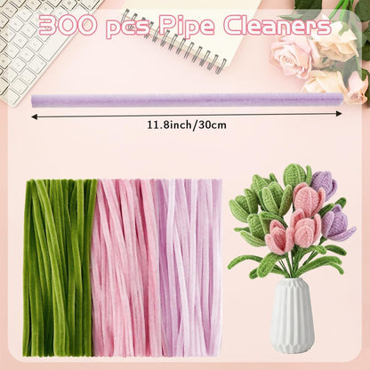 Pipe Cleaners Craft 300 PCS Thick Pink Pipe Cleaner Flower Kit 3 Colors Pipe Cleaners Bulk Fuzzy Sticks Chenille Stems for DIY Flower Bouquet Making Arts Craft Creative Projects(Pink,Light Pink,Green)